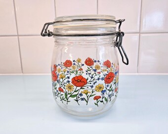 Vintage Arc France Wild Poppy Glass Hinged Jar 3/4L Mid Century Kitchen Collectible 70s Canning Storage Jar RARE good condition