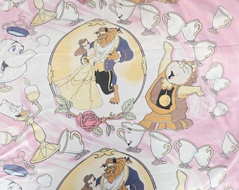 Lenzuolo singolo vintage Disney La Bella e la Bestia in tessuto Disney anni '90 per cameretta bambini, RARO, più pezzi disponibili
