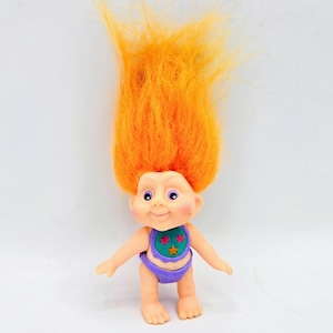 Magic Troll Babies Orange Hair Doll Vintage Applause 1991 Good Luck Troll 80s 90s Neon Hair Lavender Eyes Retro Bib Baby Doll RARE