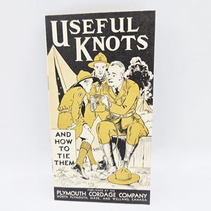 Op de afbeelding: Vintage boekomslag getiteld "Useful Knots" met illustraties van mensen die knopen demonstreren. De omslag bevat tekst en illustraties in zwart, wit en geel. Uitgegeven door de Plymouth Cordage Company.