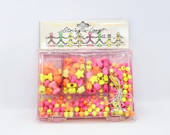 String-A-Long Vintage Neon Bead Set in Plastic Trinket Box Make Your Own Jewelry B-R Co 1995 Made in Taiwan 90s Fashion Craft NOS sealed MIB