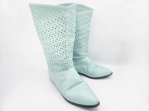 Vintage Seafoam Green Leather Perforated Mid Calf Slouch Boots M Marlene 80s Booties Size 10M Low Heel Very Good Condition RARE Dillards