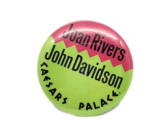 Joan Rivers John Davidson Caesars Palace Vintage Las Vegas Comedy Show Pin Large Round Button 2 1/4 inch RARE