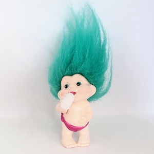 Magic Troll Babies Green Hair Doll Vintage Applause 1991 Good Luck Troll 80s 90s Teal Hair Blue Eyes Retro Bottle Baby Doll