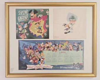 Disney Studio 1953 Employee Christmas Card in Frame Vintage 50s Walt Disney Art Collectible Lithogram Greeting Card Holiday 1954 Calendar