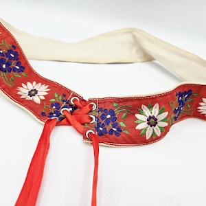 Vintage Embroidered German Dirndl Belt Vintage 50s 60s Mid Century Flower Red Purple 2 in Wide ribbon tie RARE size Small 27 inch long