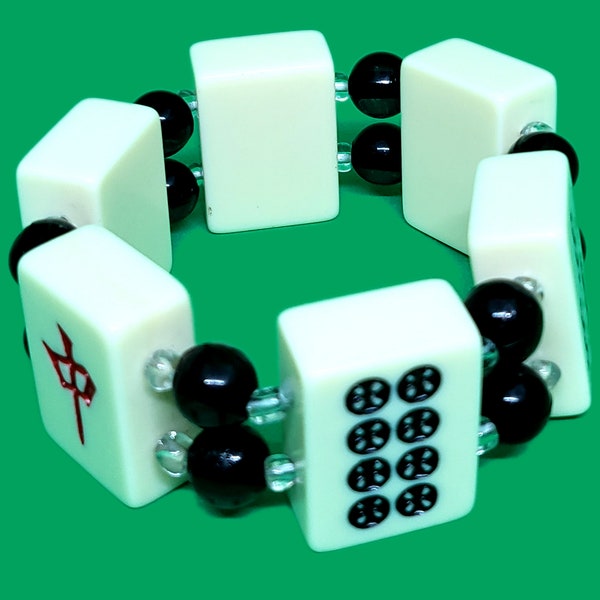 Bracelet extensible vintage en plastique pour tuile de mahjong, noir et crème, accents verts et rouges, bijoux de jeu du milieu du siècle, celluloïd