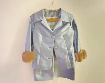Baby Blue Mink Trimmed Wool Silk Blend Skirt Suit Small Size 60s Vintage Fur Cuffs RARE Audrey Hepburn Style Mad Men