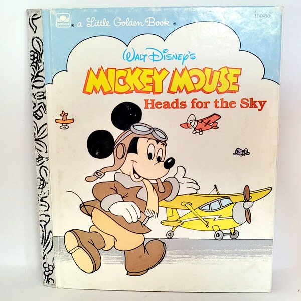 Disney's Mickey Mouse Heads for the Sky Vintage Golden Book 1987 Walt Disney 80s Mickey Flying Aviator RARE