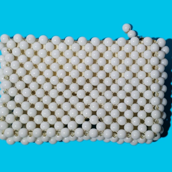 Vintage Beaded Mini Clutch Purse Mod 1960's White Bubble Beads Made in Hong Kong Mad Men Mod Style