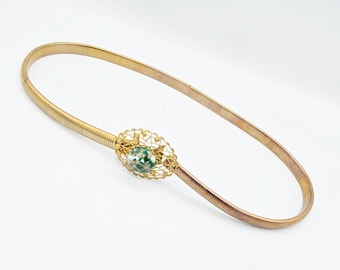 Vintage Coil Belt Gold Tone Metal 50s 60s Mid Century Green Cabochon stone 2 in RARE size Small / Medium 27 inch long