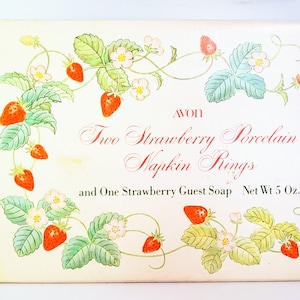 Strawberry Porcelain Napkin Rings Set of 2 with Large Strawberry Guest Soap New in Box Made in Brazil Avon Vintage 70s Collectible