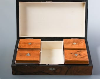 Antique Burlwood Poker Set with Bone Chips: Early 20th Century Gaming Box