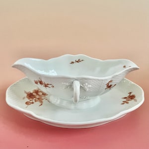 Antique KPM Berlin Porcelain Gravy Boat with Attached Gravyboat, Basketweave Design, Hand-Painted Floral Motifs, Fall Antique Decor