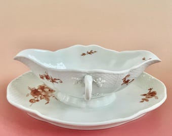 Antique KPM Berlin Porcelain Gravy Boat: Hand-Painted Floral Basketweave