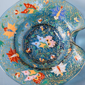 Antique Moser Art Glass Butterfly Tray: Hand-Painted Enamel, Gold Detail