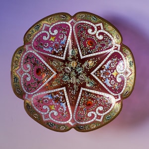 Antique Moser Clear Pink Glass Pedestal Dish, Hand-Painted Gilded Floral Design, ca. 1900