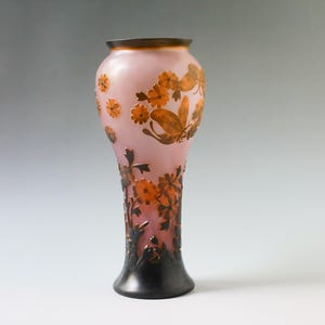Galle Style Cameo Glass Vase: Pink Amber Butterflies, Art Nouveau Reproduction