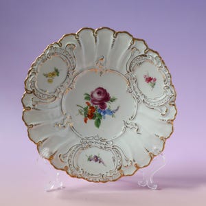 Antique Meissen Porcelain Plate: Hand-Painted Roses, Gold Rococo Relief