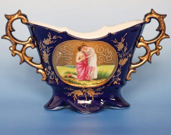 Antike handbemalte Porzellanvase mit vergoldeten Akzenten - 13 cm hoch, 18 cm breit