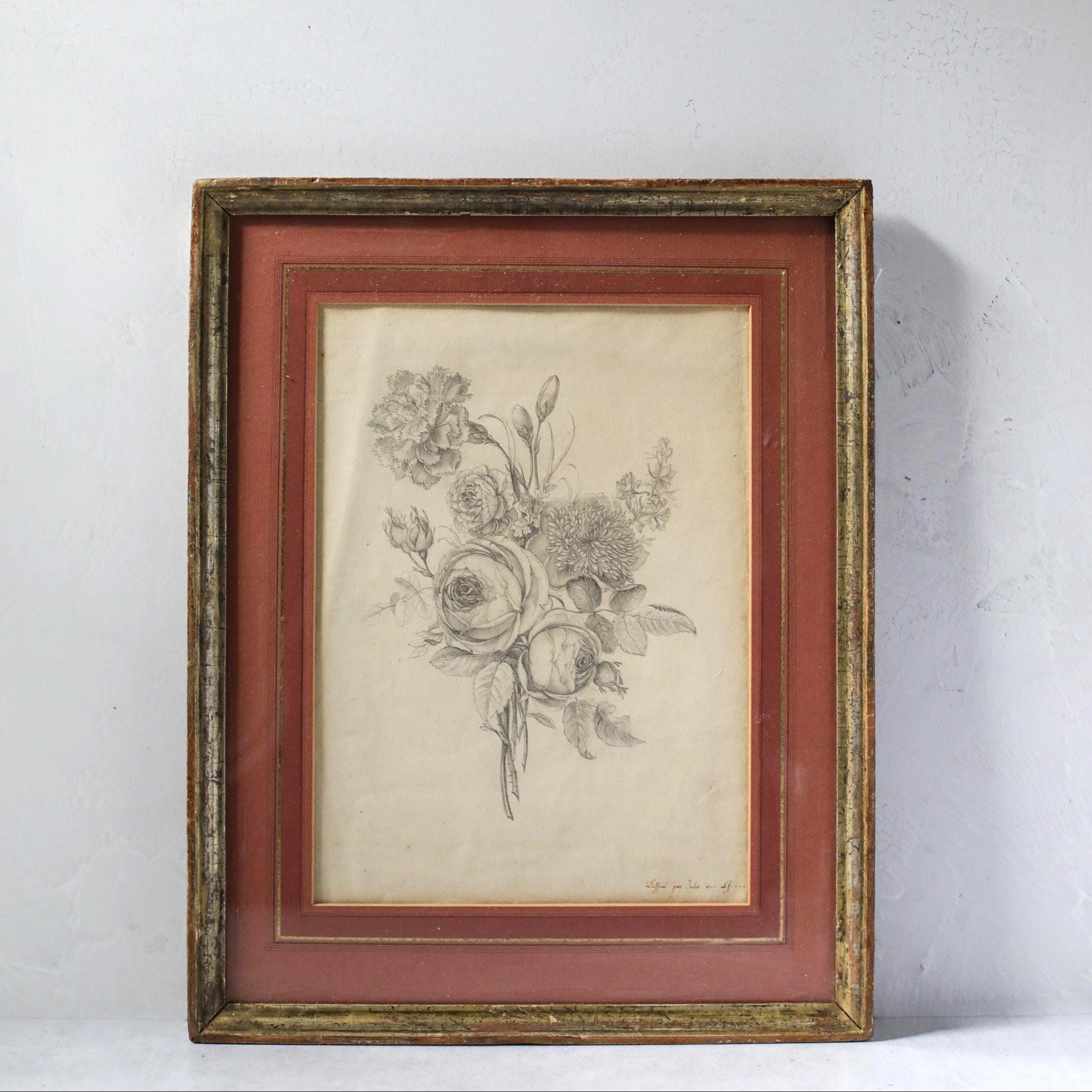 19世紀フランスの花のグラファイト画、額入りアンティーク静物画