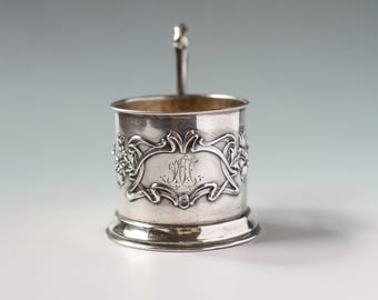 Antique Russian Silver Tea Glass Holder, Art Nouveau Podstakannik, Monogrammed
