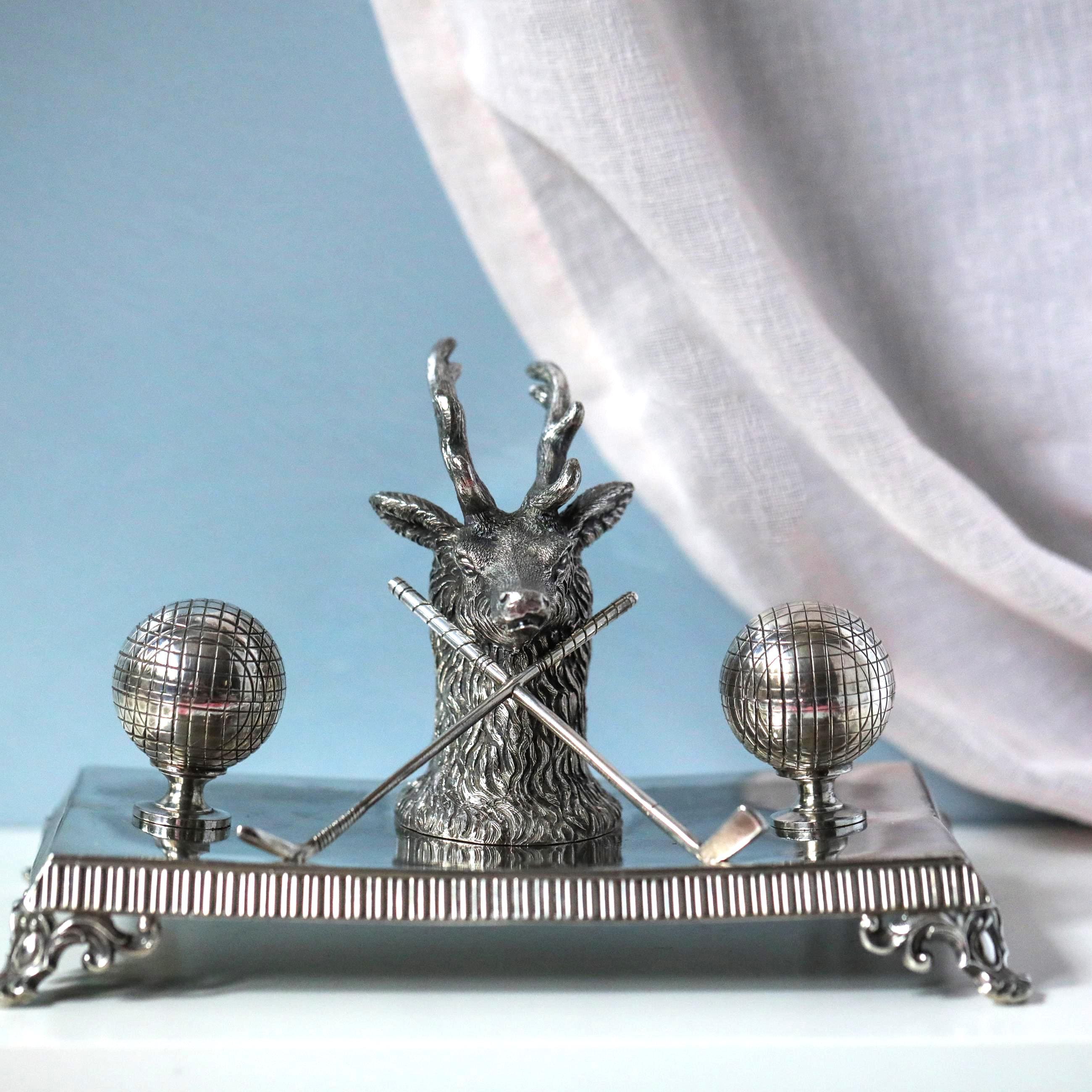 Antique Golf Inkwell James Dixon & Sons Silver Plated Stag Desk