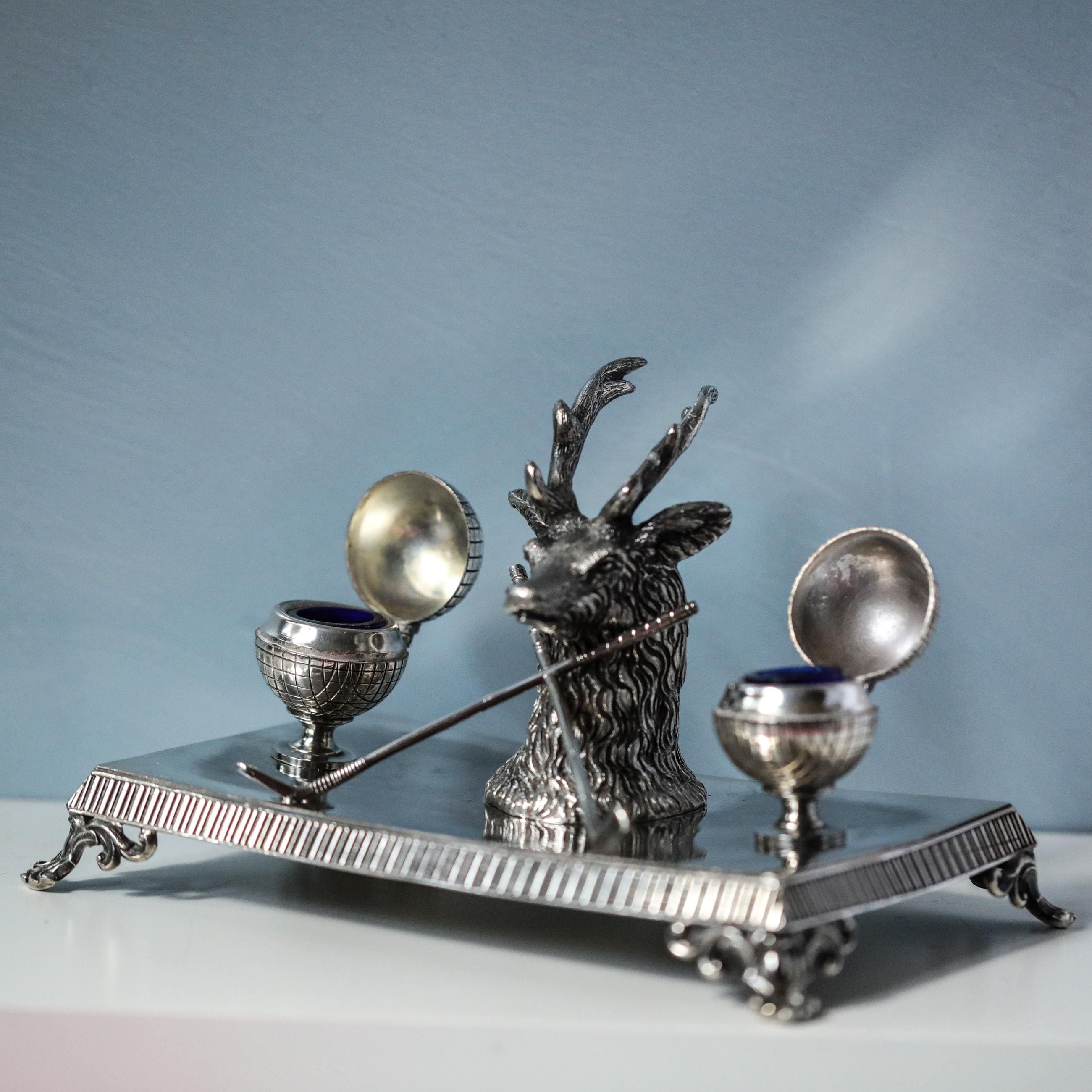 Antique Golf Inkwell James Dixon & Sons Silver Plated Stag Desk