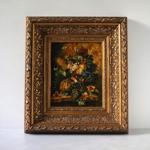 Vintage Fruit & Floral Still Life Oil Painting - Ornate Gold Frame
