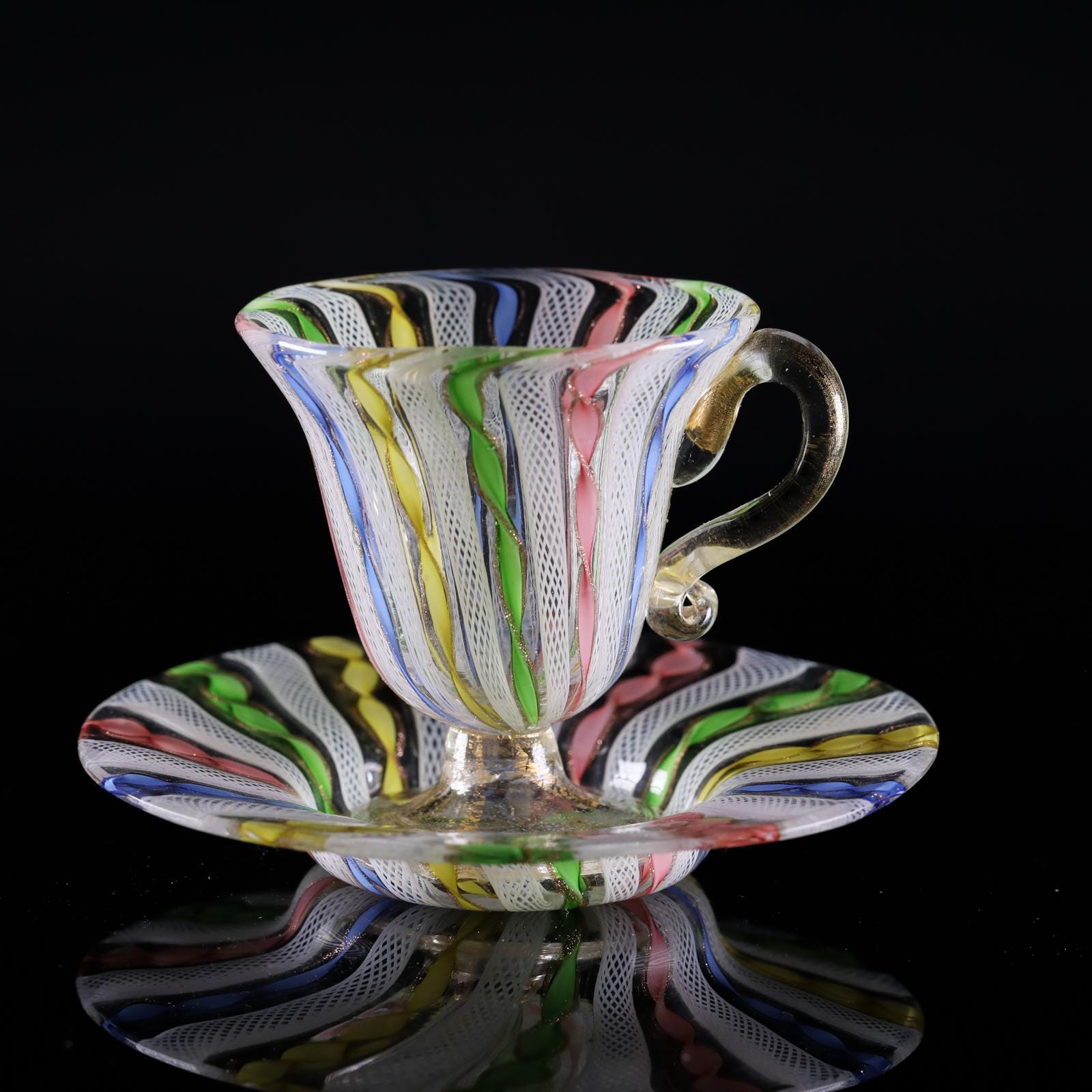Murano Glass Latticino Ribbons Espresso Cup & Saucer Set