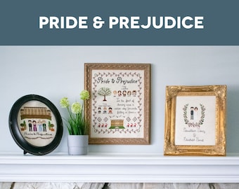 May include: Three framed cross-stitch embroidery patterns inspired by Jane Austen's Pride and Prejudice. The patterns feature a house, a group of people, and a couple. The text "Pride & Prejudice" is visible on one of the frames.
