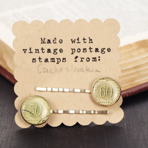 Hairpins Made with Beautiful Green Postage Stamps from Czechoslovakia, The Perfect Gift for Travel Lovers