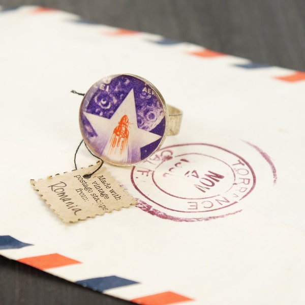 Ring Made with Real Vintage Postage Stamp from Romania, Red Rocket and Purple Moon, Great Gift for Travel Lovers and Cosmonauts