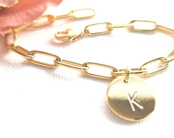 Personalized Initial Paperclip Bracelet • Gold or Silver Link Chain • Chunky Layering Bracelet • Custom Disc Charm • Gift for Her