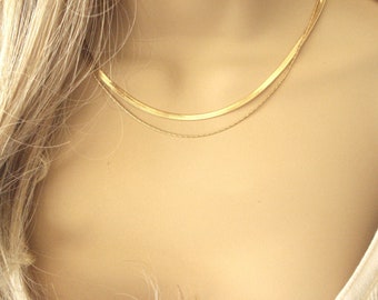 Gold Chain Necklace...Flat Choker chain, Layering, Flat Snake Chain, Gold Herringbone Chain, Snake Chain Necklace, Bridesmaid gift