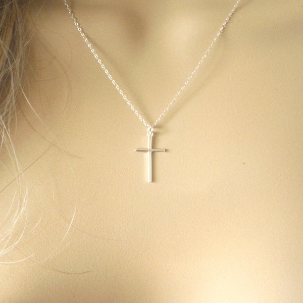 Sterling Silver Thin Cross Necklace..simple cross pendant charm, everyday, bridal jewelry, bridesmaid gift, Faith, Religious jewelry