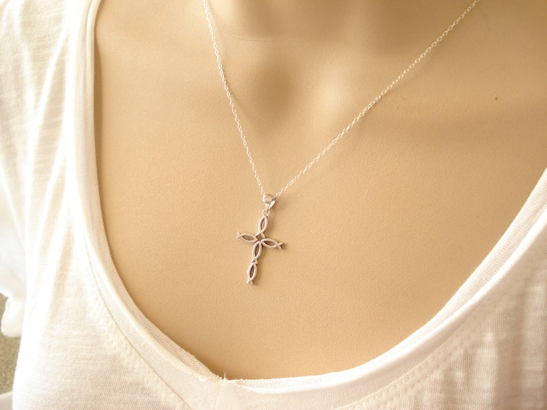 Religious jewelry Faith simple everyday Cross Necklace...Sterling Silver Fish Cross pendant charm bridesmaid gift