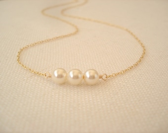 3 tiny pearls necklace...simple handmade wedding jewelry, best friend, birthday, Bridesmaid gift, silver, gold filled or rose gold filled