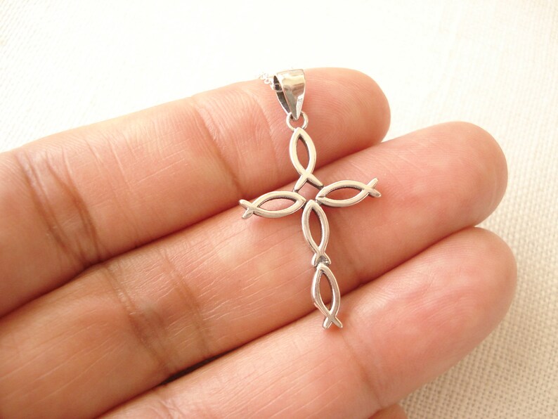 Religious jewelry Faith simple everyday Cross Necklace...Sterling Silver Fish Cross pendant charm bridesmaid gift
