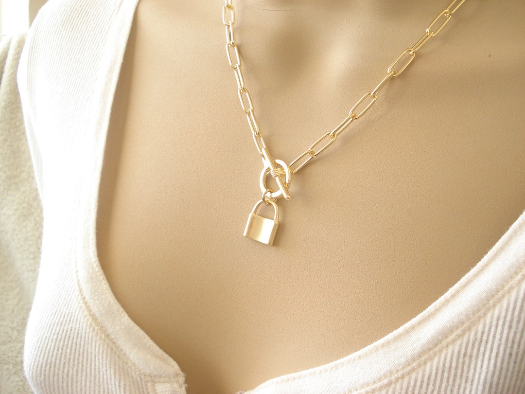 Gold Lock Necklace...gold Link Chain, Padlock Toggle Clasp, Custom ...