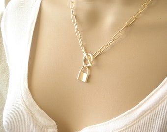 Gold Lock Necklace...Gold Link Chain, Padlock Toggle clasp, Custom Length Thick Chunky Chain, Long Rectangle Link, Layering, paper clip