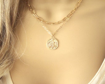 Gold Link Chain Necklace...Layered Link and Coin Charm Necklace, Thick Chunky Chain, Long Rectangle Link, Layering, paper clip necklace