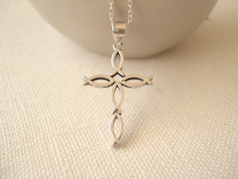 Religious jewelry Faith simple everyday Cross Necklace...Sterling Silver Fish Cross pendant charm bridesmaid gift