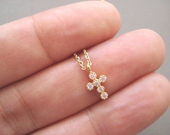 Petite Cross necklace in gold or silver..simple everyday, bridal jewelry, Faith, religious jewelry, wedding, bridesmaid gift