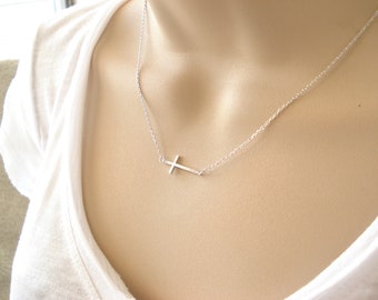 Tiny silver sideways cross necklace..simple handmade, everyday, bridal jewelry, minimalist religious jewelry, wedding, bridesmaid gift