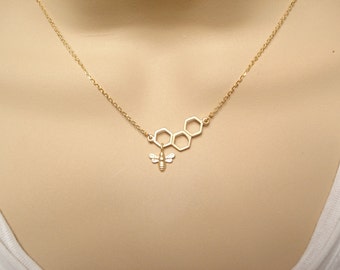 Gold Beehive necklace...Honeycomb, Honey Bee necklace, simple everyday, wedding, sisters, bridesmaid jewelry