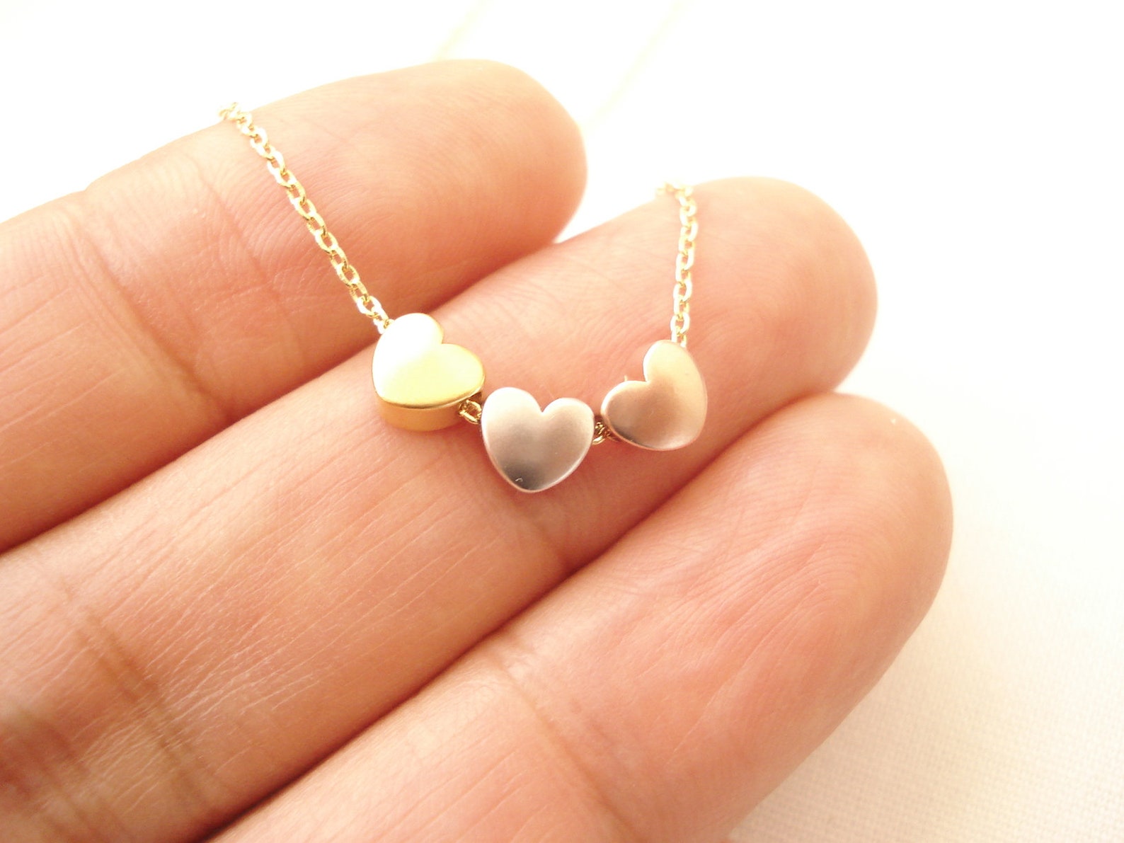 Tiny Three Hearts Necklace...minimalist 3 Tones Heart Simple | Etsy