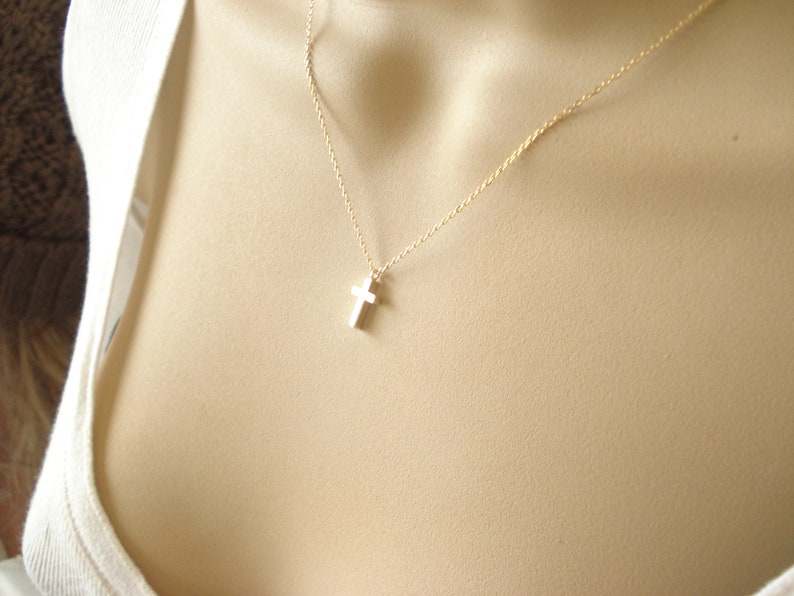 Tiny Cross Necklace Gold or Silver..simple everyday wear, bridal jewelry, wedding, sorority, bridesmaid gift, faith, religious charm image 3