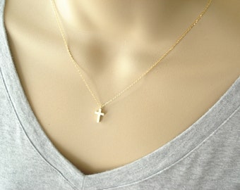 Tiny Cross Necklace (Gold or Silver)..simple everyday wear, bridal jewelry, wedding, sorority,  bridesmaid gift, faith, religious charm