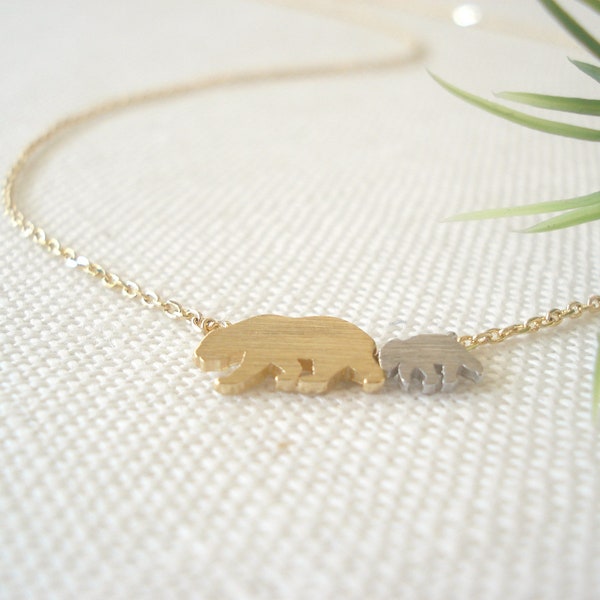 Mama Bear Necklace...New mom, Pregnancy gift, Mama and baby bear cub pendant charm, layering